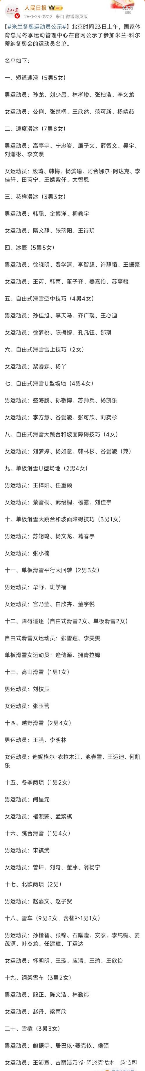 米兰冬奥会中国参赛运动员名单公示:谷爱凌、苏翊鸣在列 米兰冬奥会中国参赛运动员名单公示:谷爱凌、苏翊鸣在列
